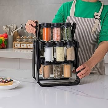 8 PCS Rotating Spice Rack Set with Glass Jars